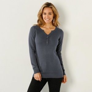 Blancheporte Jednobarevný pulovr s tuniským výstřihem antracitová/šedý melír 46/48