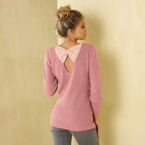Blancheporte Třpytivý pulovr s mašlí vzadu růžová pudrová 46/48