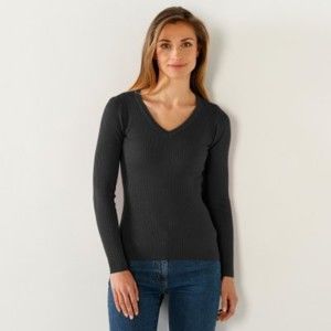 Blancheporte Žebrovaný pulovr s výstřihem do "V" černá 42/44