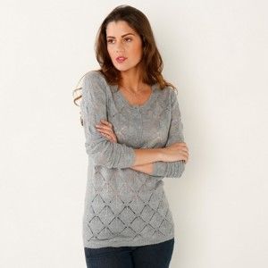 Blancheporte Ažurový pulovr s tuniským výstřihem šedý melír 34/36