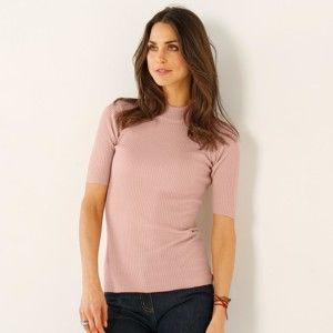 Blancheporte Žebrovaný pulovr s krátkými rukávy růžová pudrová 54