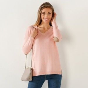 Blancheporte Jednobarevný pulovr s výstřihem do "V" růžová pudrová/hnědošedá 50