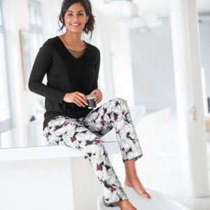 Blancheporte Pyžamo s výstřihem s krajkou a kalhotami se vzorem černá 50