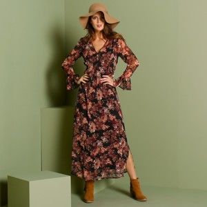 Blancheporte Dlouhé šaty s květinovým vzorem černá/růžová 44