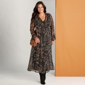 Blancheporte Dlouhé šaty s potiskem čokoládová/růžové dřevo 44