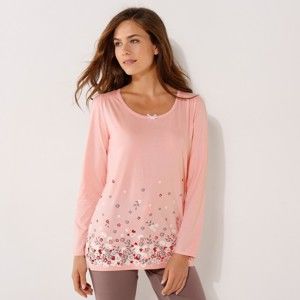 Blancheporte Pyžamové tričko s květinovým potiskem a dlouhými rukávy růžová 42/44