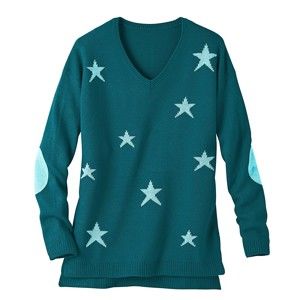 Blancheporte Žakárový pulovr s výstřihem do "V" a hvězdičkami tyrkysová/modrá 46/48