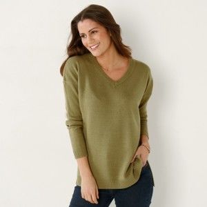 Blancheporte Jednobarevný pulovr s výstřihem do "V" zelená mechová 46/48