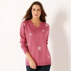 Blancheporte Žakárový pulovr s výstřihem do "V" a hvězdičkami růžová/růžová pudrová 34/36