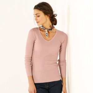 Blancheporte Žebrovaný pulovr s výstřihem do "V" růžová pudrová 34/36