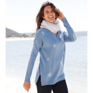 Blancheporte Žakárový pulovr s výstřihem do "V" a hvězdičkami levandulová/modrá 54