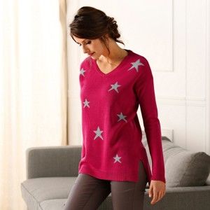 Blancheporte Žakárový pulovr s výstřihem do "V" a hvězdičkami třešňová/šedý melír 42/44