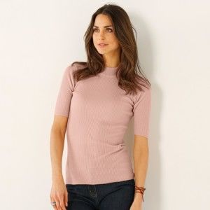 Blancheporte Žebrovaný pulovr s krátkými rukávy růžová pudrová 50