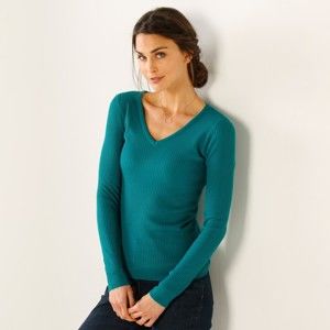 Blancheporte Žebrovaný pulovr s výstřihem do "V" smaragdová 42/44