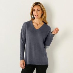 Blancheporte Jednobarevný pulovr s výstřihem do "V" antracitová/šedý melír 42/44