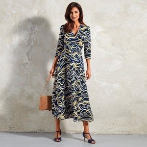Blancheporte Dlouhé šaty, grafický design temně modrá/medová 40