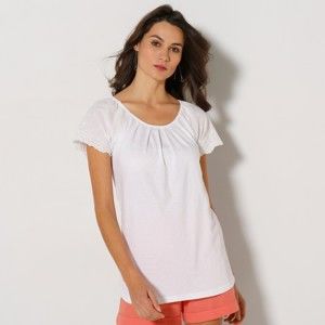 Blancheporte Jednobarevné tričko s anglickou výšivkou bílá 42/44