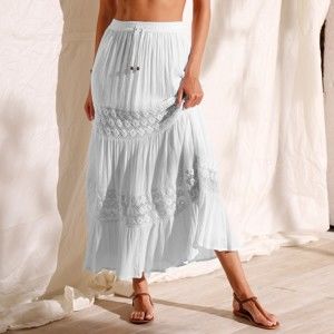 Blancheporte Dlouhá kreponová sukně s macramé bílá 50