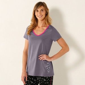 Blancheporte Pyžamové tričko, středový potisk, kr. rukáv, výstřih do "V" hortenzie/khaki 38/40