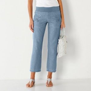 Blancheporte 7/8 rovné denimové kalhoty s pružným pasem sepraná modrá 48
