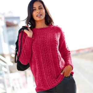 Blancheporte Žinylkový pulovr s copánkovým vzorem růžová fuchsie 46/48