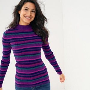 Blancheporte Žebrovaný pulovr, pruhy purpurová/smaragdová 54