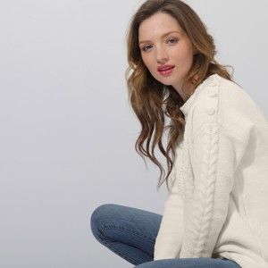 Blancheporte Žinylkový pulovr s copánkovým vzorem režná 50