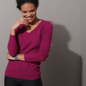 Blancheporte Žebrovaný pulovr s výstřihem do "V" purpurová 50