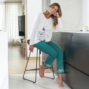 Blancheporte Pyžamové kalhoty s květinovým potiskem na koncích nohavic smaragdová 50