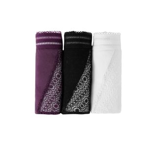 Blancheporte Midi jednobarevné kalhotky s krajkovou vsadkou, sada 3 ks černá+bílá+švestková 42/44