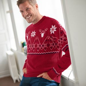 Blancheporte Žakárový pulovr se vzorem kosočtverců a sobů červená 107/116 (XL)